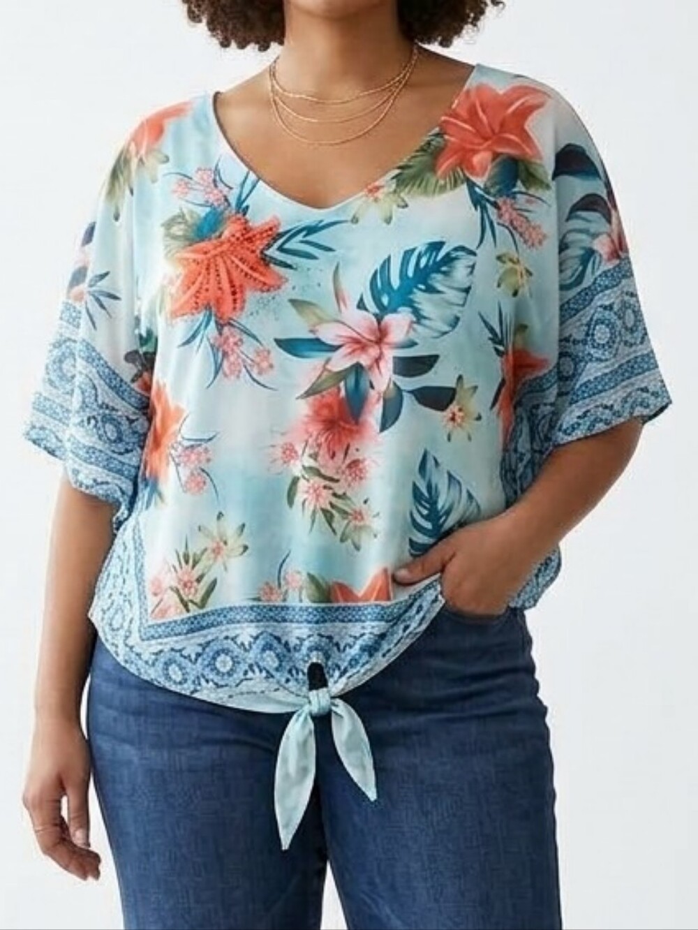 Avenue Floral Tie-Hem Blouse in Light Blue and Coral 18-20